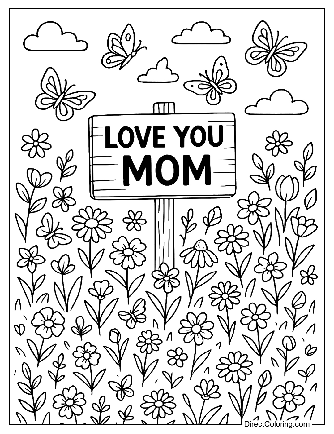 A field full of butterflies fluttering, a wooden sign reading 